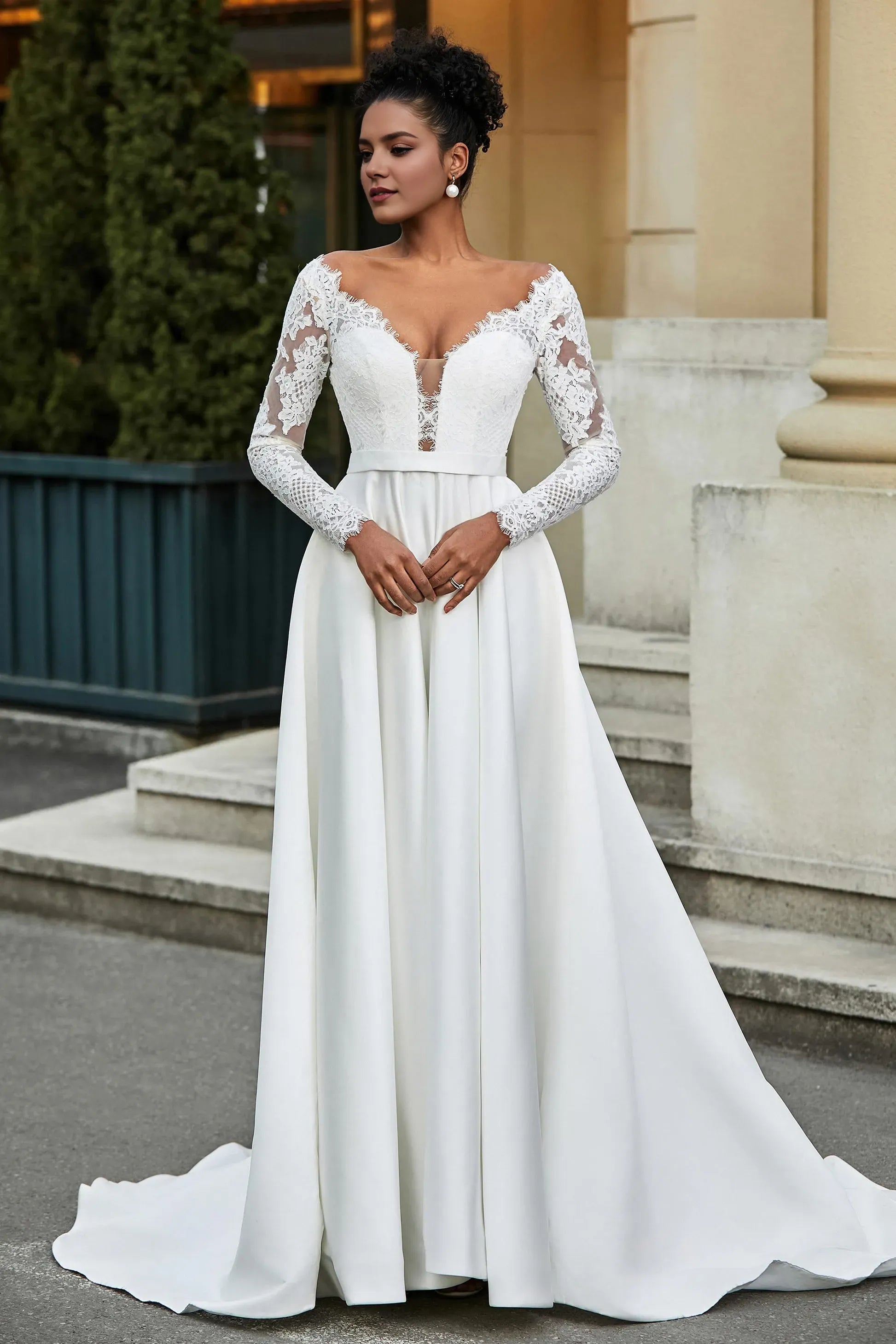 Luxurious A-Line V-Neck Lace-Long-Sleeve Button-Back Sweep Train Satin Wedding Dresses
