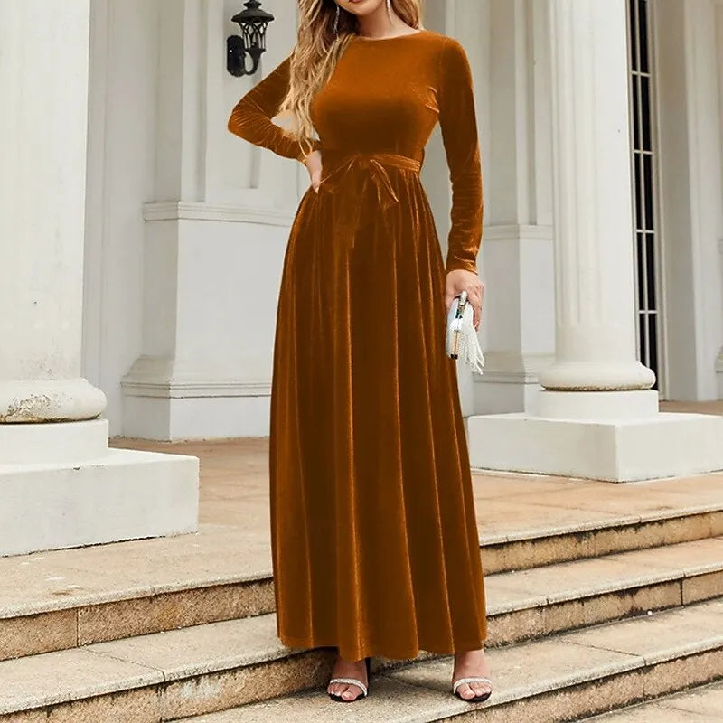 Luxurious A-line Crew Neck Long-sleeve Belted Emerald Green Velvet Maxi Evening Dress for Women Ready to Ship