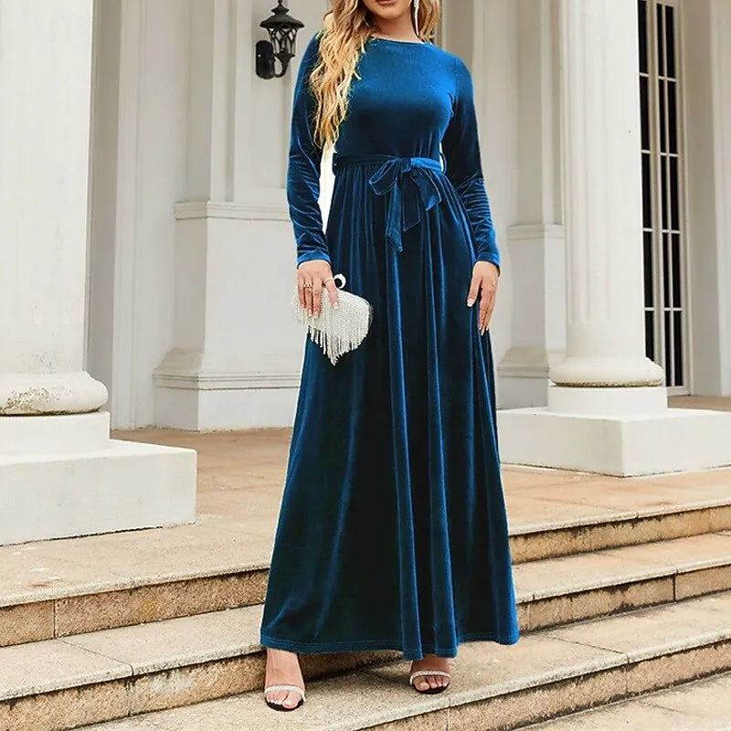 Luxurious A-line Crew Neck Long-sleeve Belted Emerald Green Velvet Maxi Evening Dress for Women Ready to Ship