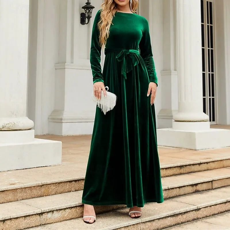 Luxurious A-line Crew Neck Long-sleeve Belted Emerald Green Velvet Maxi Evening Dress for Women Ready to Ship