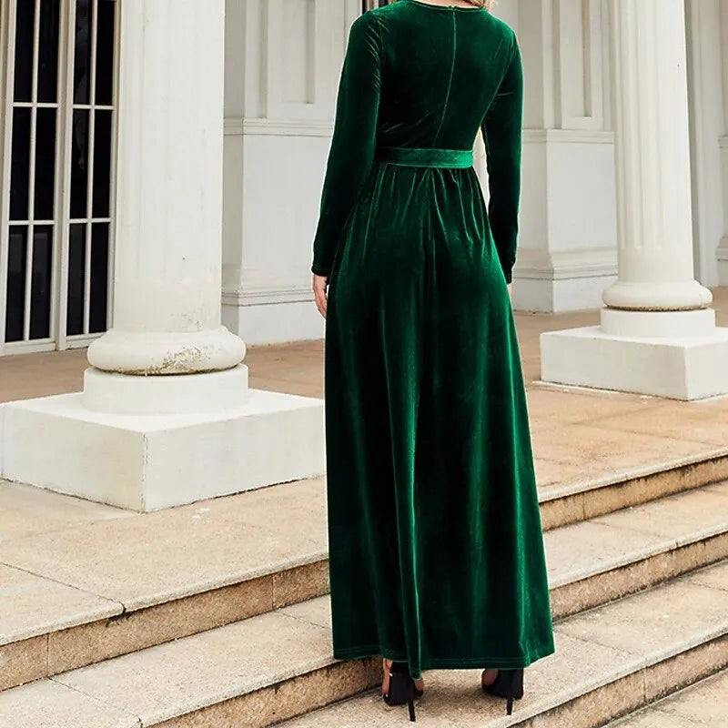 Luxurious A-line Crew Neck Long-sleeve Belted Emerald Green Velvet Maxi Evening Dress for Women Ready to Ship