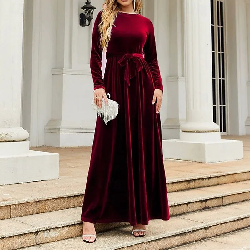 Luxurious A-line Crew Neck Long-sleeve Belted Emerald Green Velvet Maxi Evening Dress for Women Ready to Ship