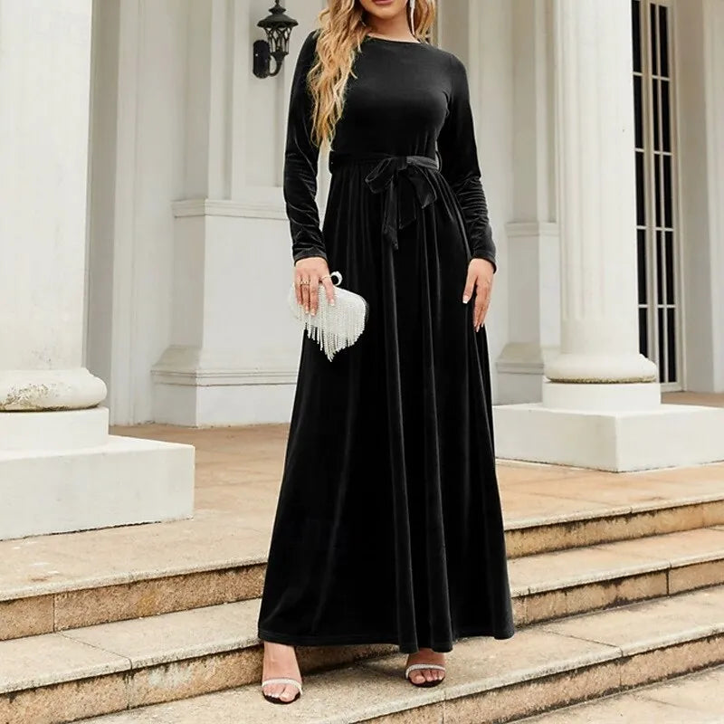 Luxurious A-line Crew Neck Long-sleeve Belted Emerald Green Velvet Maxi Evening Dress for Women Ready to Ship