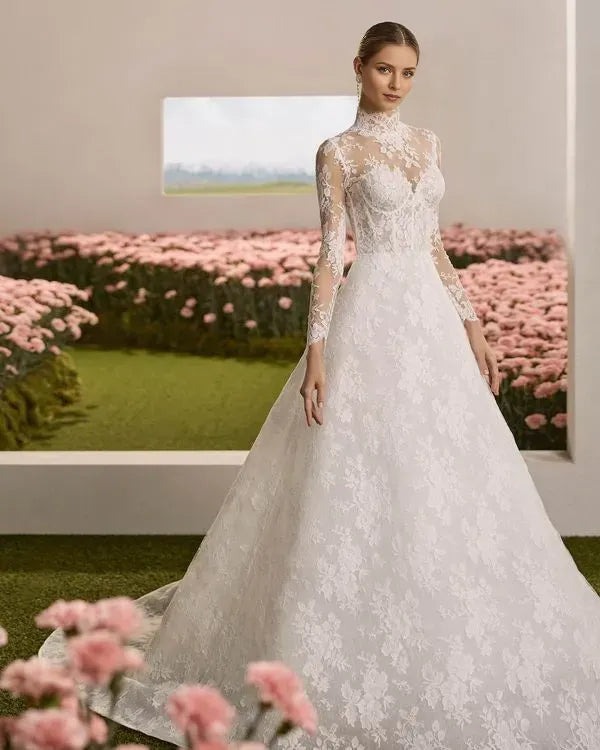 Luxurious A-line High neckline Lace Long Sleeve Button-Back Sweep/Brush Train Wedding Dresses for bride