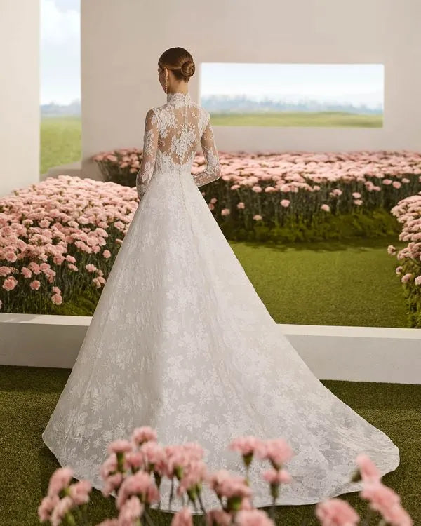 Luxurious A-line High neckline Lace Long Sleeve Button-Back Sweep/Brush Train Wedding Dresses for bride