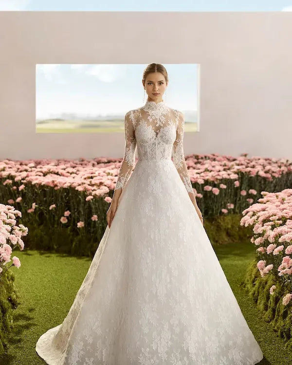 Luxurious A-line High neckline Lace Long Sleeve Button-Back Sweep/Brush Train Wedding Dresses for bride