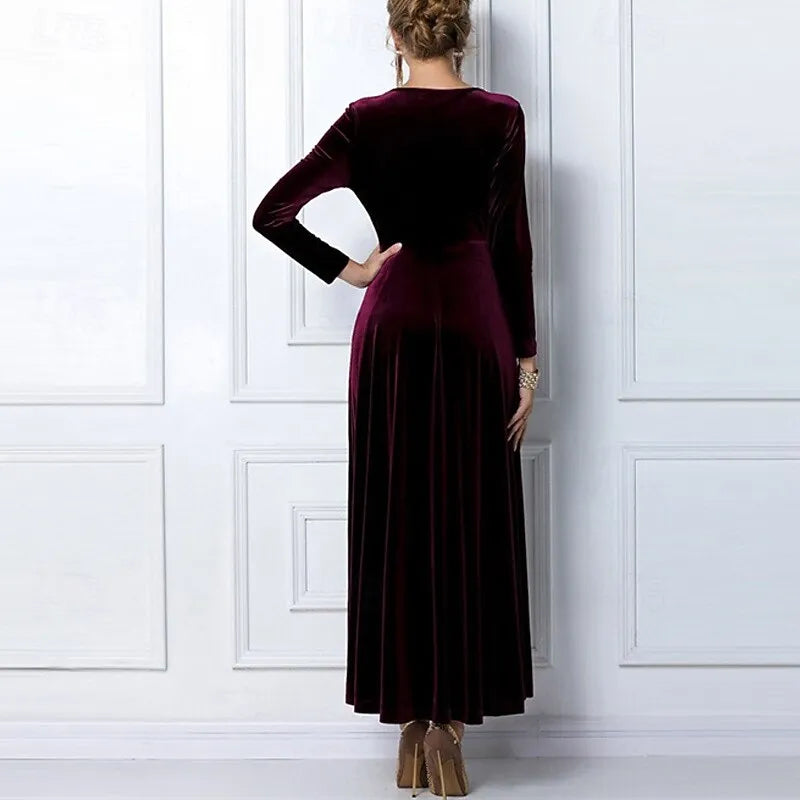 Luxurious A-line V-neck Long-sleeve Ruched Plum Velvet Maxi Evening Dress for Women Hot Sale