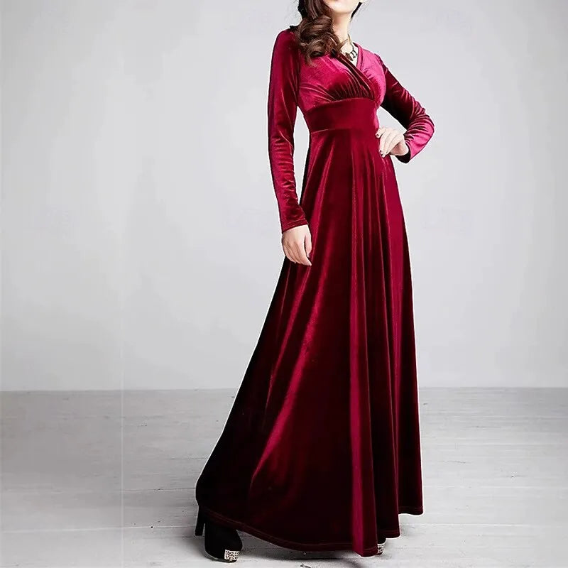 Luxurious A-line V-neck Long-sleeve Ruched Plum Velvet Maxi Evening Dress for Women Hot Sale