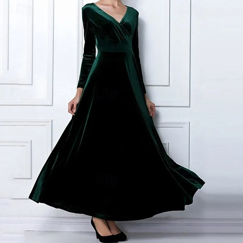 Luxurious A-line V-neck Long-sleeve Ruched Plum Velvet Maxi Evening Dress for Women Hot Sale