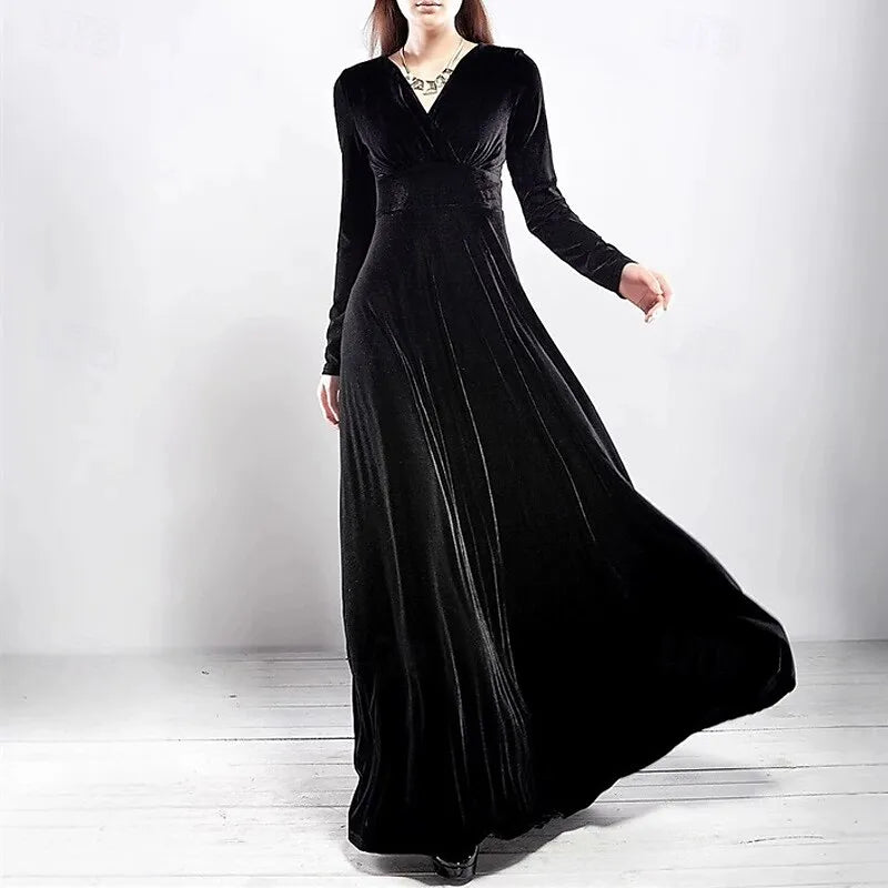 Luxurious A-line V-neck Long-sleeve Ruched Plum Velvet Maxi Evening Dress for Women Hot Sale