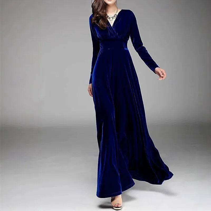 Luxurious A-line V-neck Long-sleeve Ruched Plum Velvet Maxi Evening Dress for Women Hot Sale