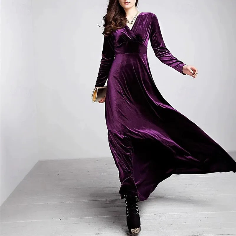 Luxurious A-line V-neck Long-sleeve Ruched Plum Velvet Maxi Evening Dress for Women Hot Sale