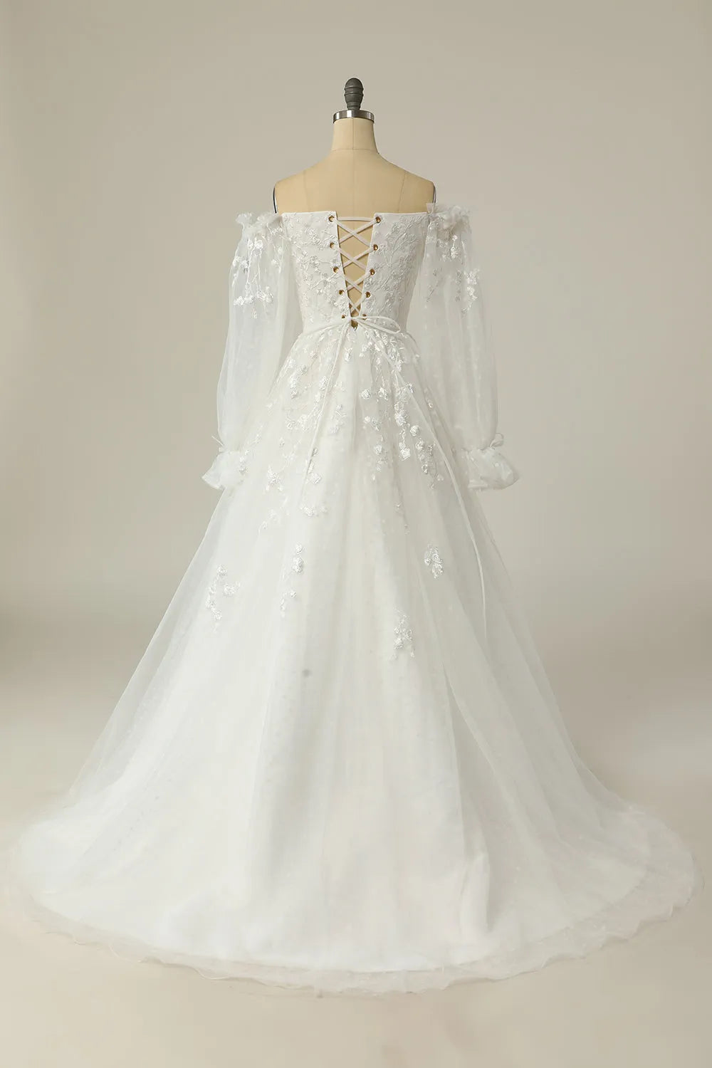 Luxurious A Line Off the Shoulder White Wedding Dress with Appliques ﻿