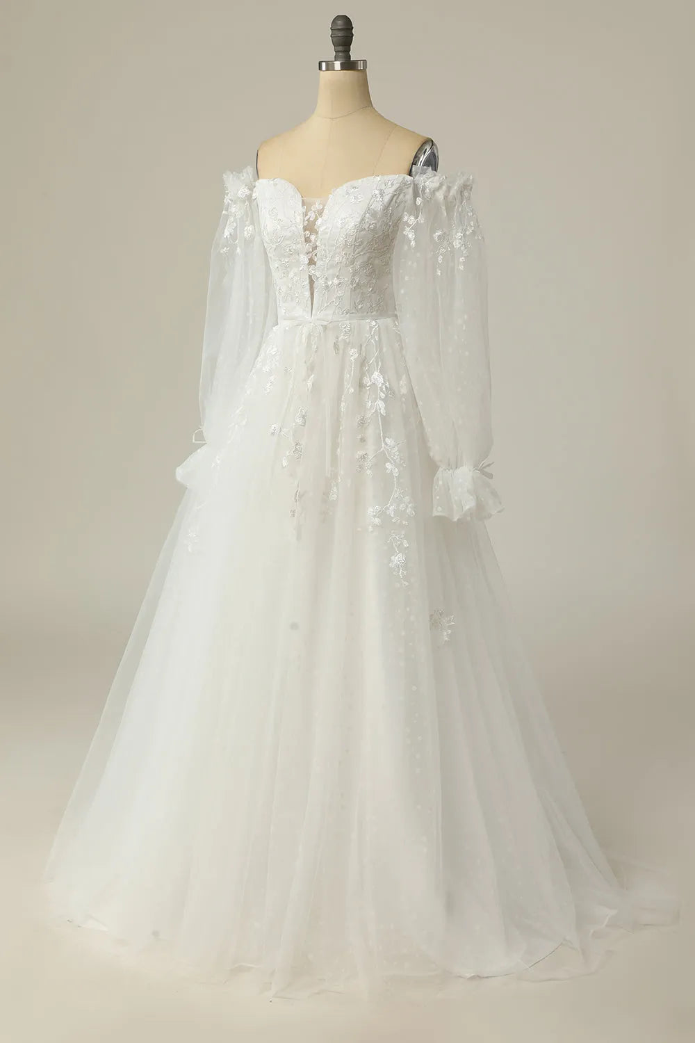 Luxurious A Line Off the Shoulder White Wedding Dress with Appliques ﻿