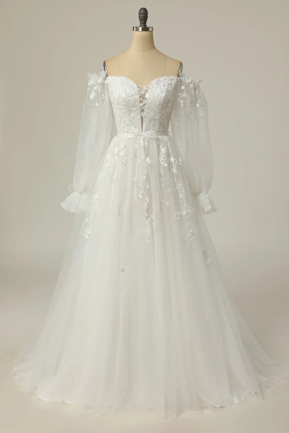 Luxurious A Line Off the Shoulder White Wedding Dress with Appliques ﻿
