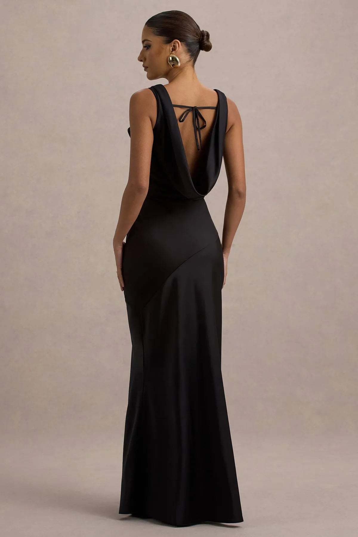 Luxurious Black Satin Cowl Neck Gown with Asymmetric Design Sleeveless Bodycon Fit Ideal for High - End Proms Gala Evening and Formal
