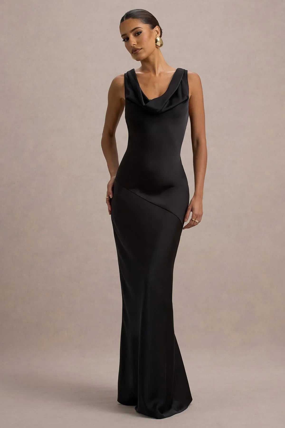 Luxurious Black Satin Cowl Neck Gown with Asymmetric Design Sleeveless Bodycon Fit Ideal for High - End Proms Gala Evening and Formal