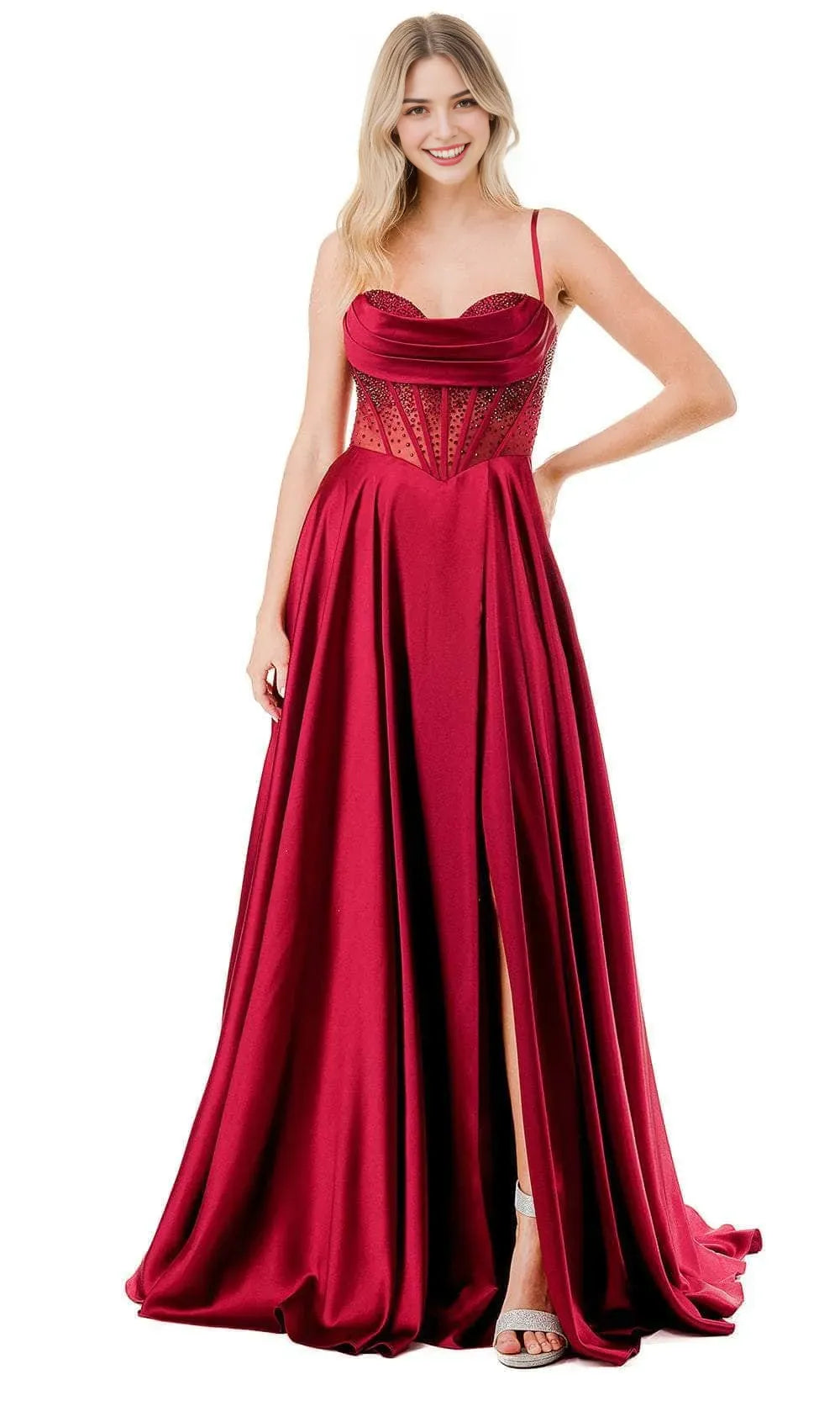 Luxurious Black Satin Evening Dresses with Asymmetric Spaghetti Strap Beaded Mesh Corset Bodice Detail and High Side Slit