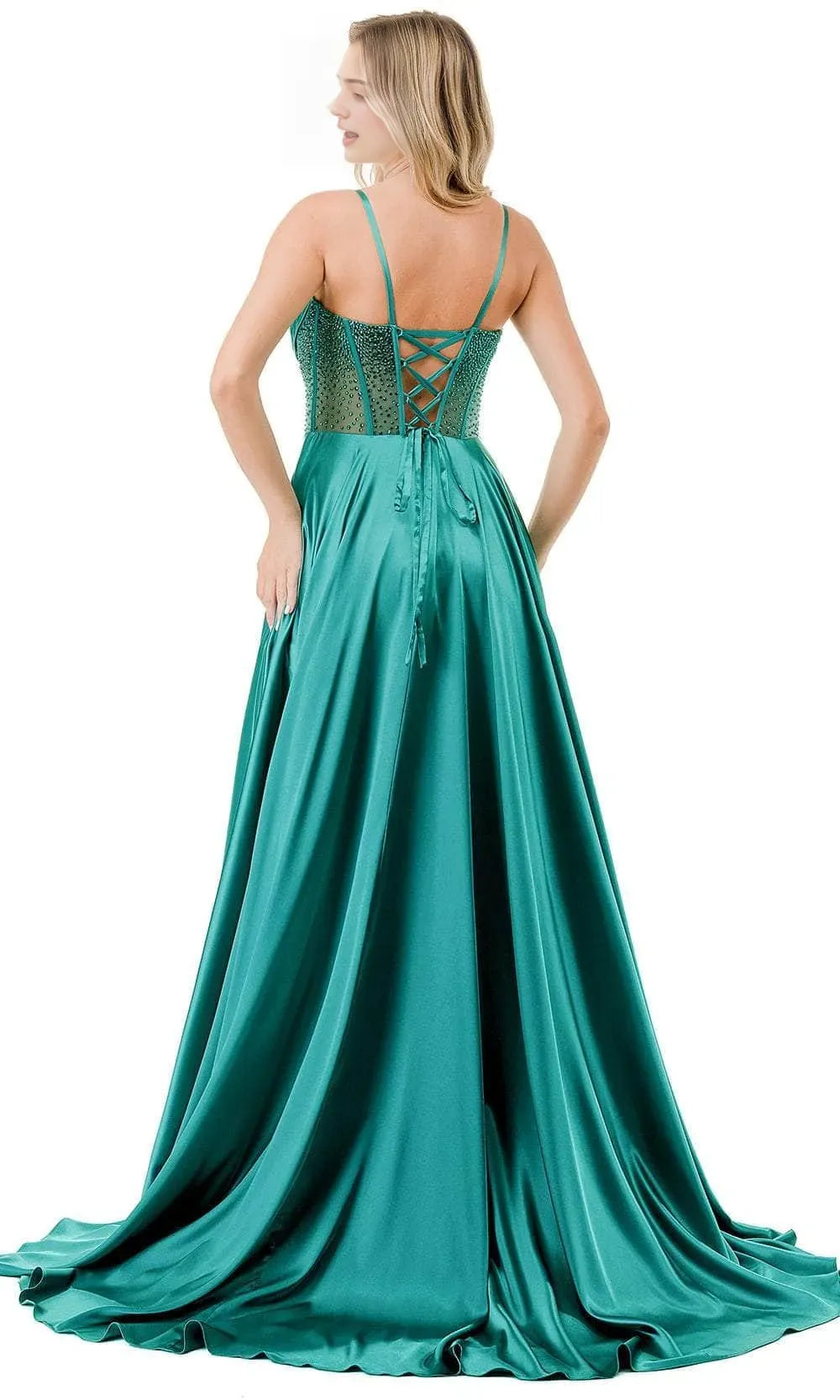 Luxurious Black Satin Evening Dresses with Asymmetric Spaghetti Strap Beaded Mesh Corset Bodice Detail and High Side Slit