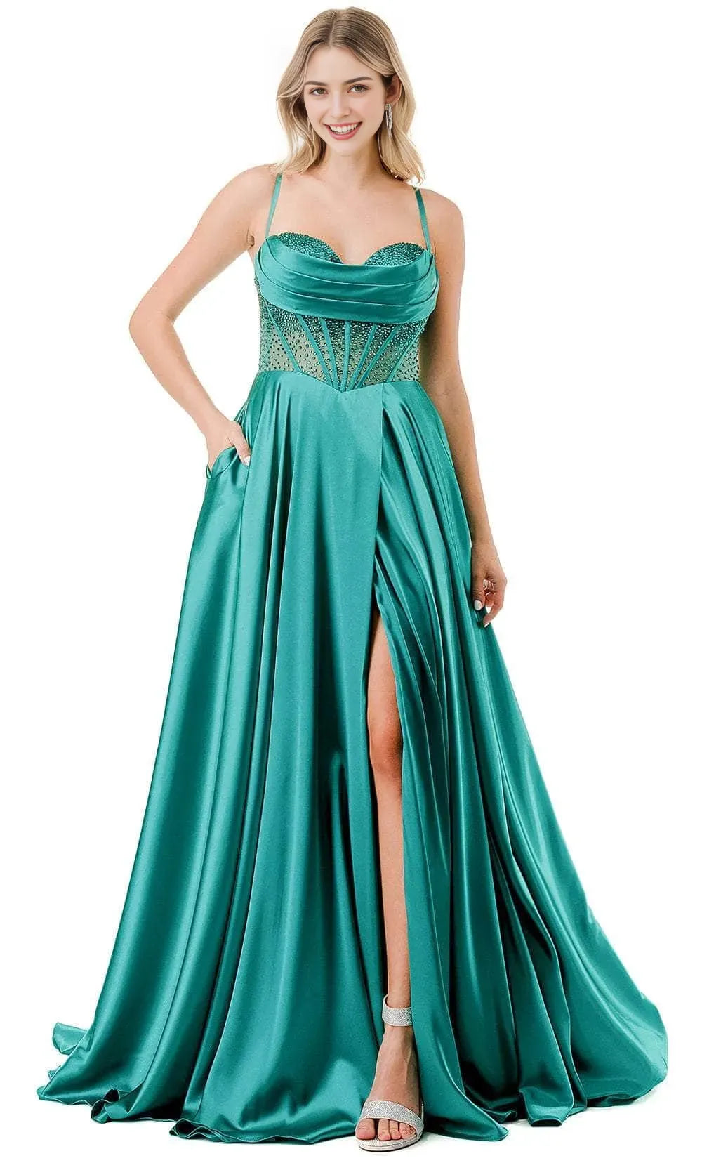 Luxurious Black Satin Evening Dresses with Asymmetric Spaghetti Strap Beaded Mesh Corset Bodice Detail and High Side Slit