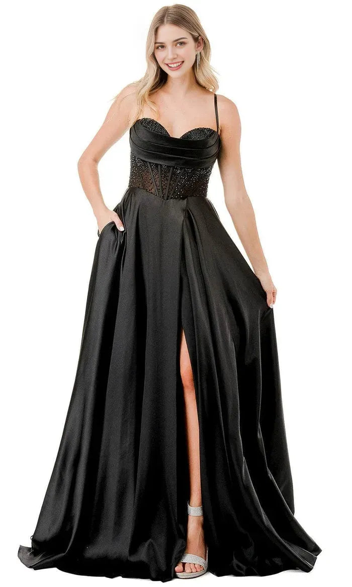 Luxurious Black Satin Evening Dresses with Asymmetric Spaghetti Strap Beaded Mesh Corset Bodice Detail and High Side Slit