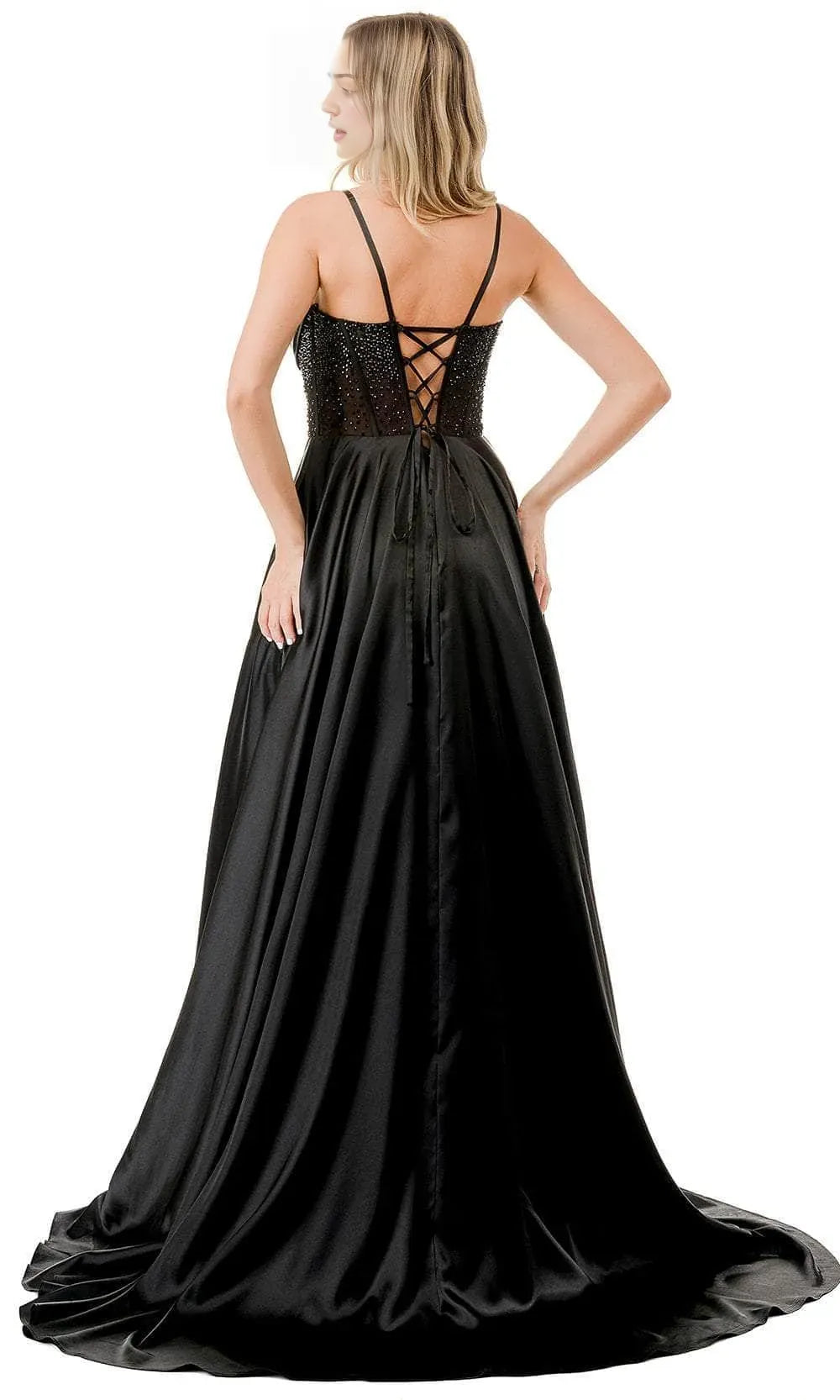 Luxurious Black Satin Evening Dresses with Asymmetric Spaghetti Strap Beaded Mesh Corset Bodice Detail and High Side Slit