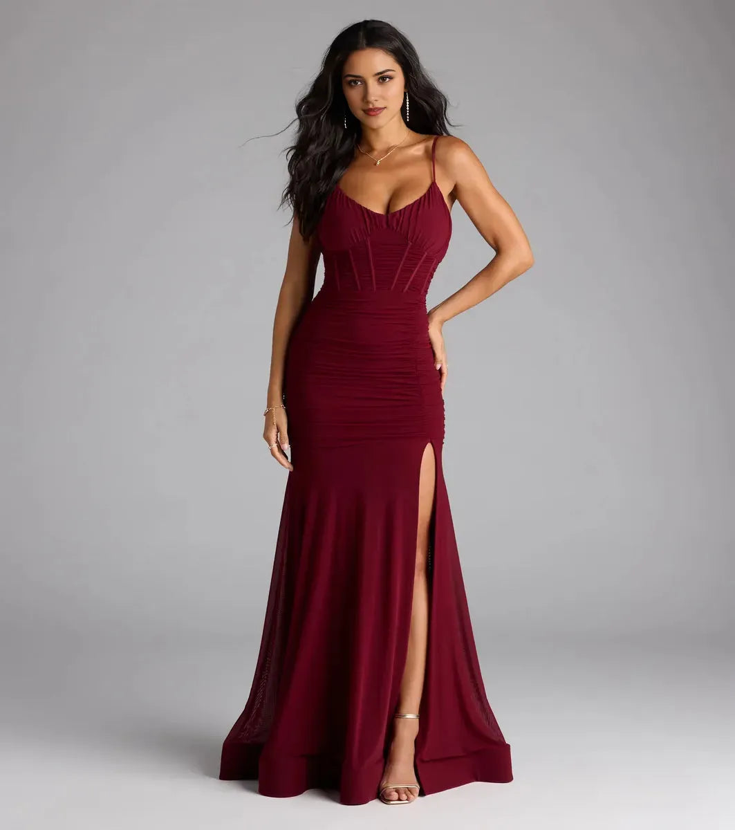 Luxurious Burgundy Mermaid V-Neck Spaghetti Strap Back Zip Floor-Length Ruched Slit Prom Dress