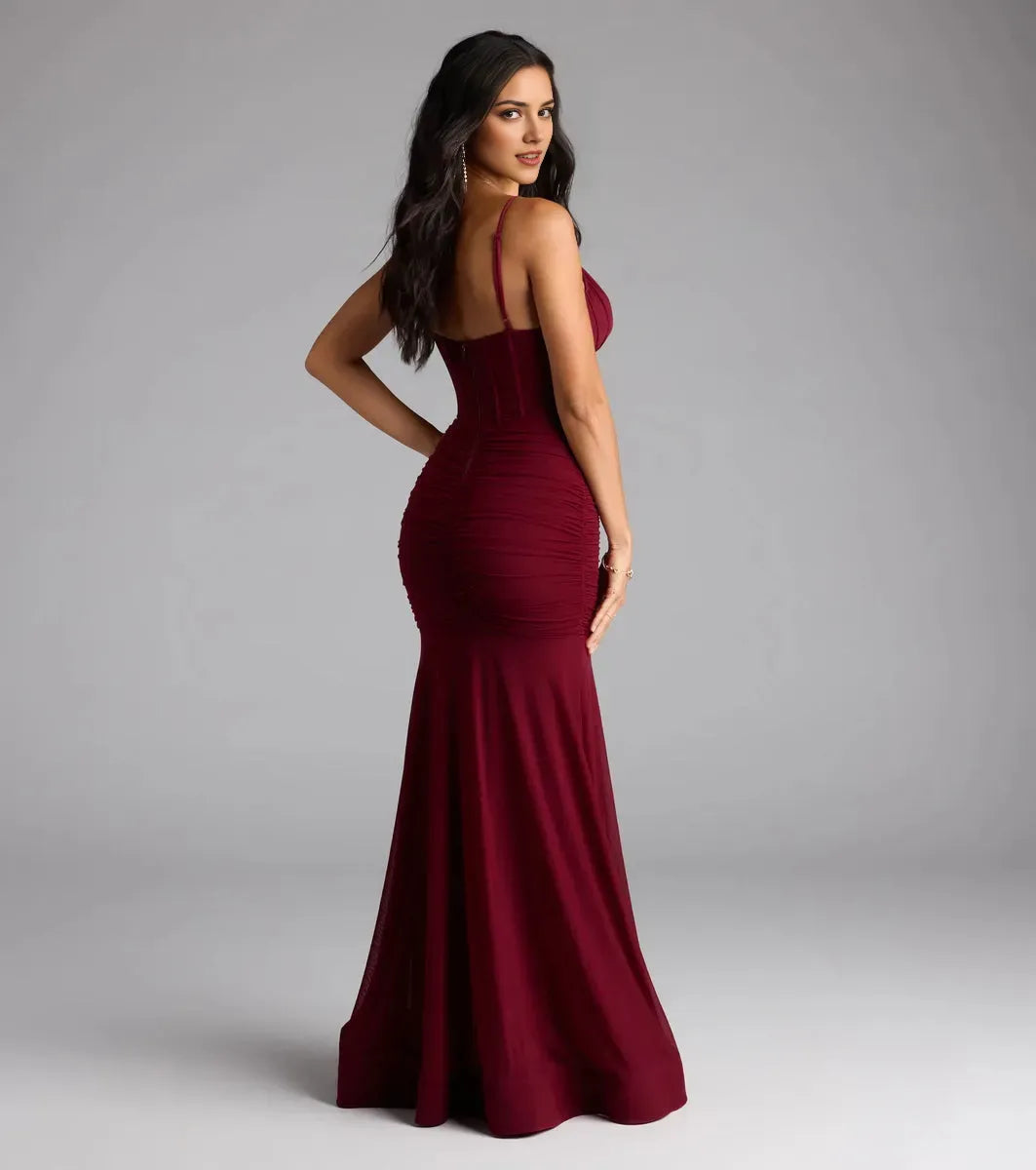 Luxurious Burgundy Mermaid V-Neck Spaghetti Strap Back Zip Floor-Length Ruched Slit Prom Dress