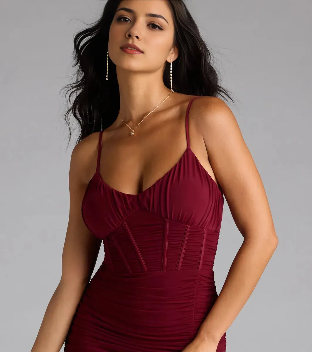Luxurious Burgundy Mermaid V-Neck Spaghetti Strap Back Zip Floor-Length Ruched Slit Prom Dress