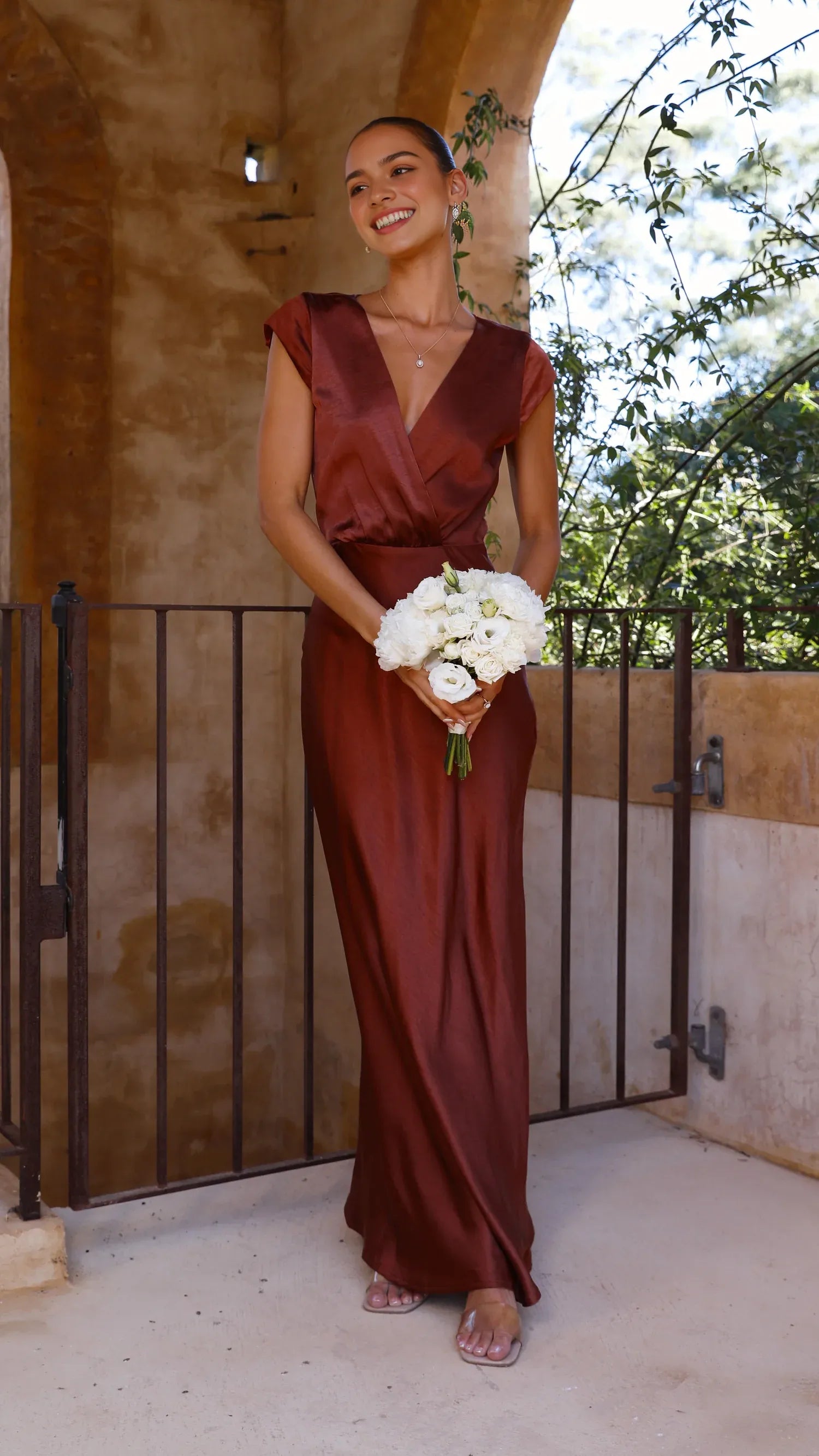Luxurious Burgundy Satin Prom Dress with Plunging V - Neck Cap Sleeves Wrap - Front Detail and Side Slit Exuding Opulence for Memorable Prom Nights