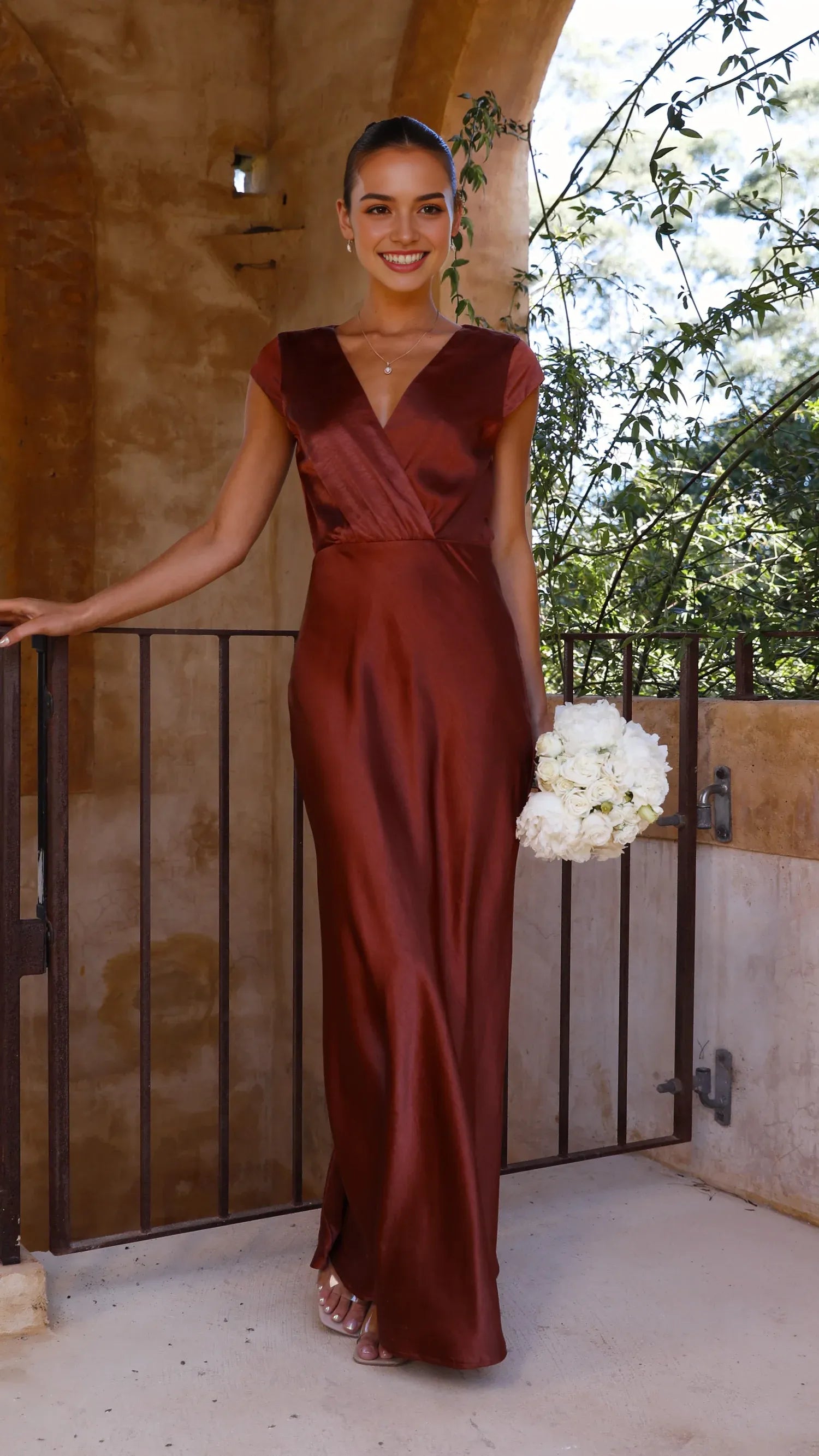 Luxurious Burgundy Satin Prom Dress with Plunging V - Neck Cap Sleeves Wrap - Front Detail and Side Slit Exuding Opulence for Memorable Prom Nights