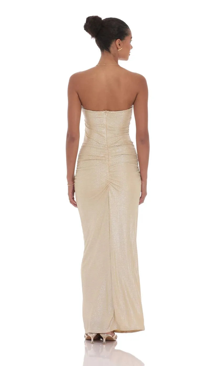 Luxurious Champagne Prom Gown Strapless Ruched Bodice Sparkling Sheen Ideal for Memorable Proms
