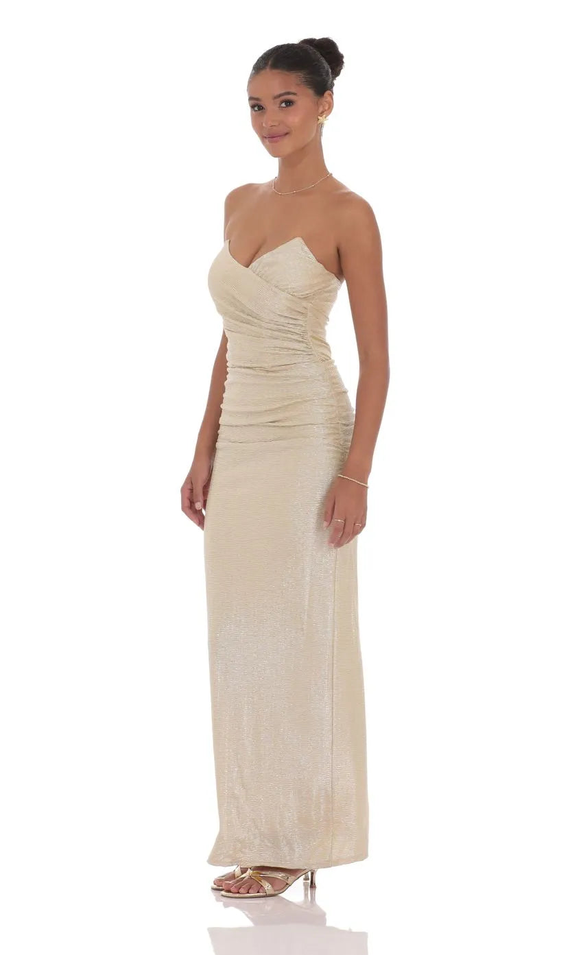 Luxurious Champagne Prom Gown Strapless Ruched Bodice Sparkling Sheen Ideal for Memorable Proms