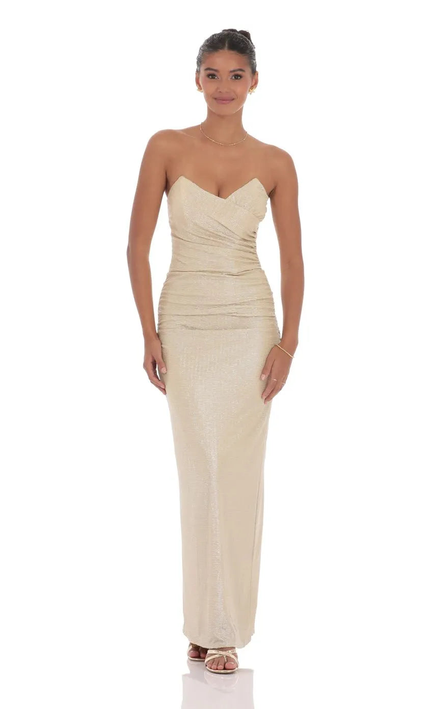 Luxurious Champagne Prom Gown Strapless Ruched Bodice Sparkling Sheen Ideal for Memorable Proms