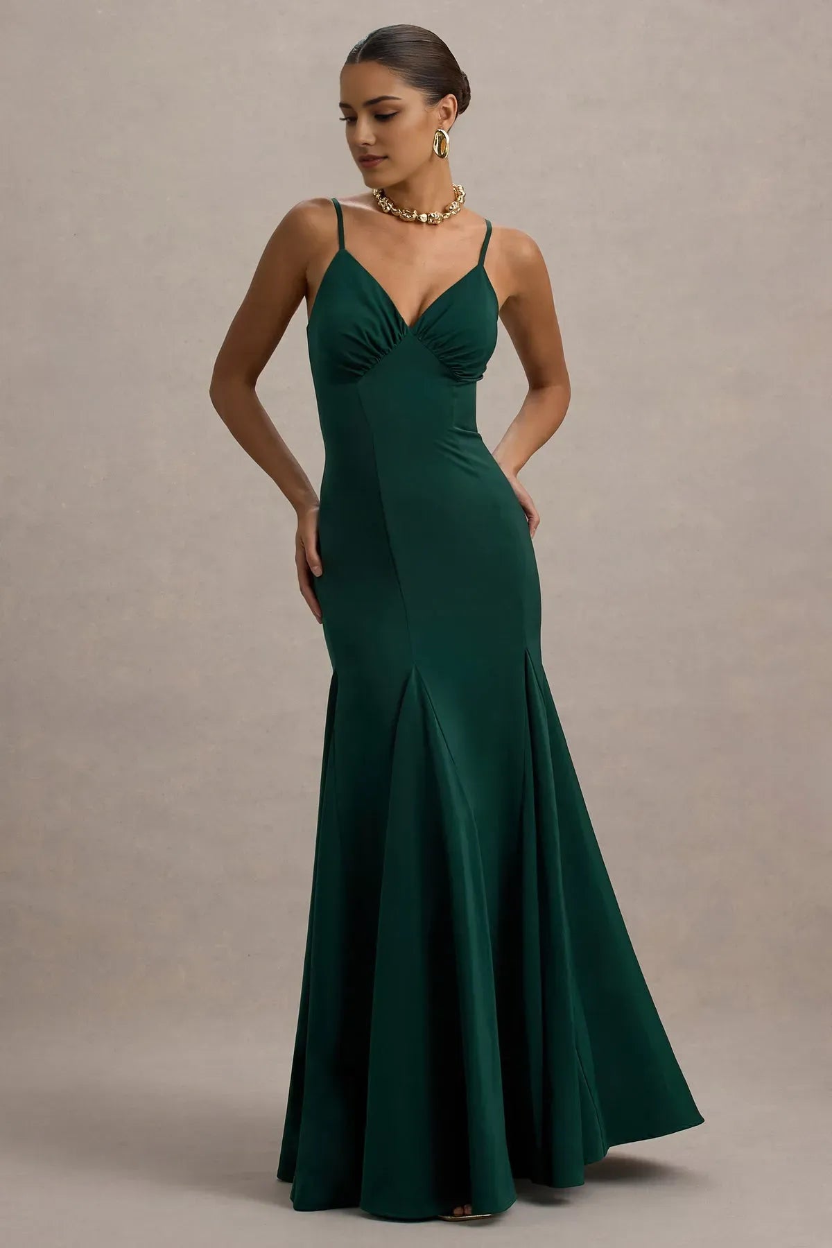 Luxurious Emerald Green Mermaid Prom Gown Satin - Like Finish Spaghetti Straps Plunging V - Neck for a Glamorous Formal Look