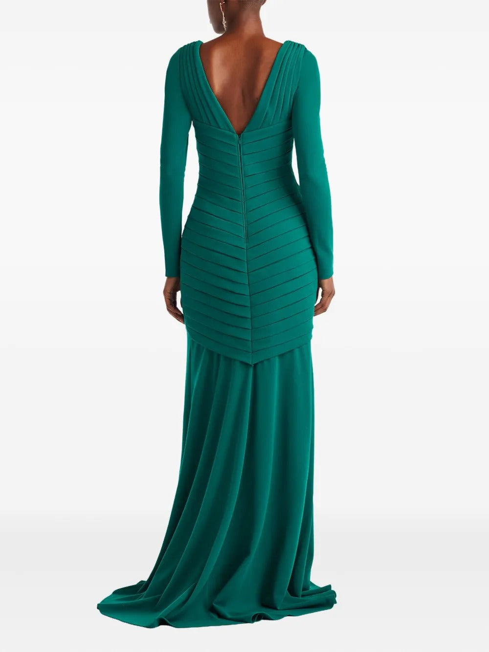 Luxurious Emerald Green Ruched Long-Sleeve Evening Dress