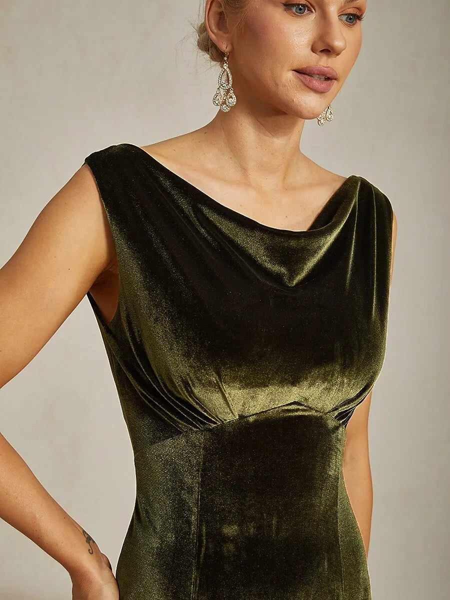 Luxurious Mermaid Cowl Neck Sleeveless Velvet Olive Green Maxi Evening Dress for Women Ready to Ship