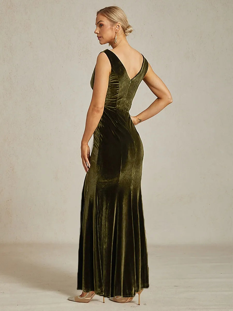 Luxurious Mermaid Cowl Neck Sleeveless Velvet Olive Green Maxi Evening Dress for Women Ready to Ship