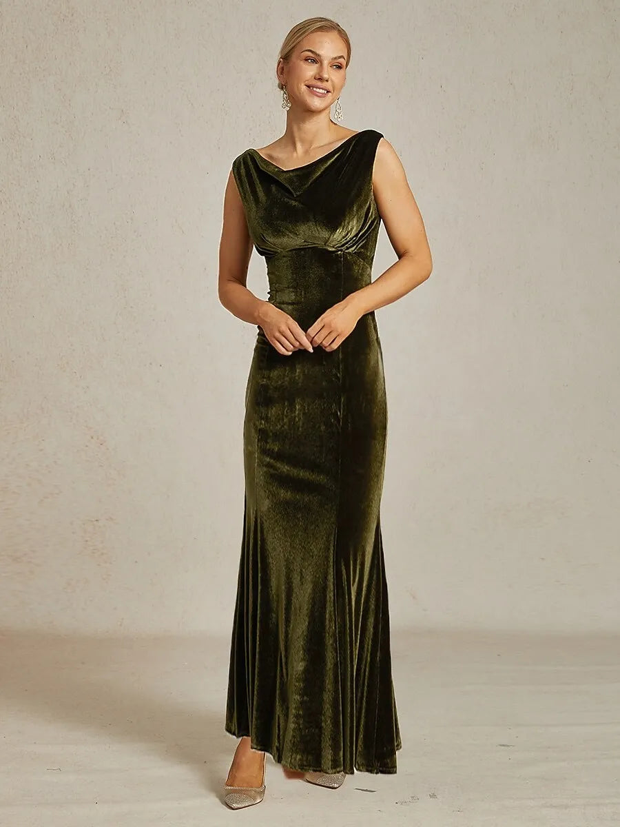 Luxurious Mermaid Cowl Neck Sleeveless Velvet Olive Green Maxi Evening Dress for Women Ready to Ship