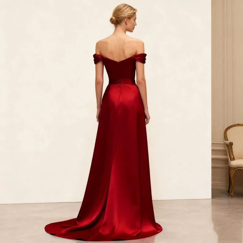 Luxurious Mermaid Red Off-Shoulder Sleeveless Back Zip Draped Satin Floor-Length Prom Dress