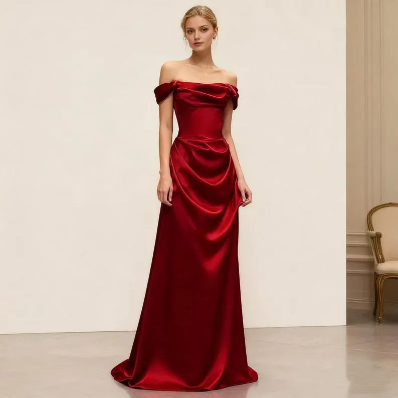 Luxurious Mermaid Red Off-Shoulder Sleeveless Back Zip Draped Satin Floor-Length Prom Dress