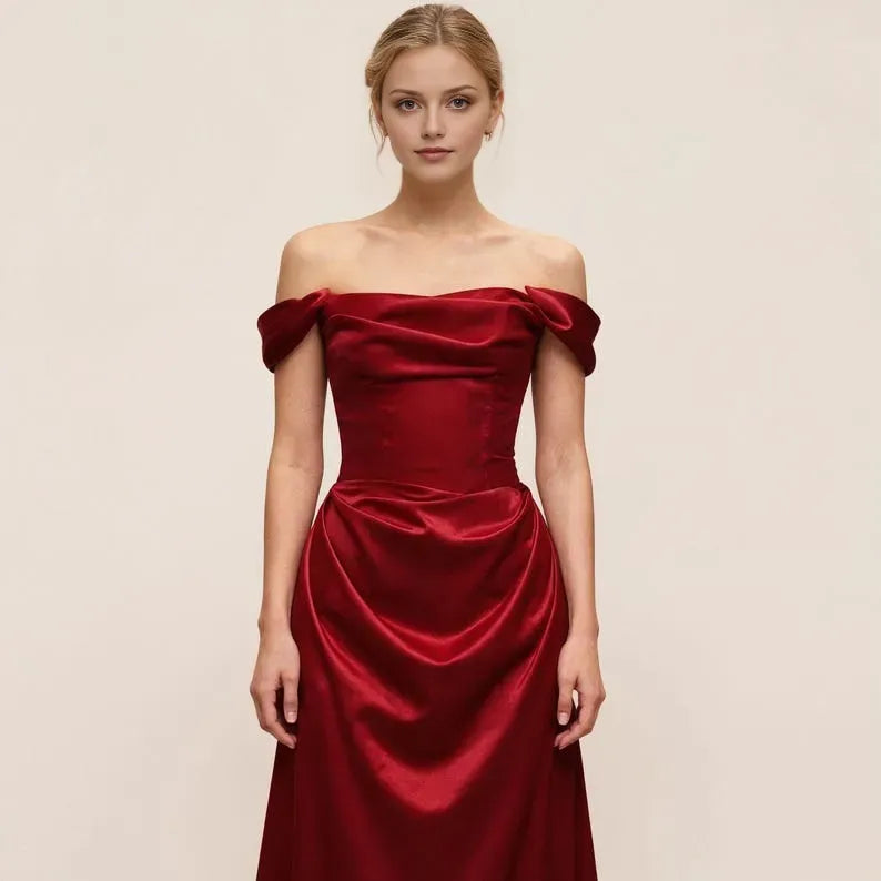 Luxurious Mermaid Red Off-Shoulder Sleeveless Back Zip Draped Satin Floor-Length Prom Dress