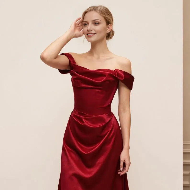 Luxurious Mermaid Red Off-Shoulder Sleeveless Back Zip Draped Satin Floor-Length Prom Dress