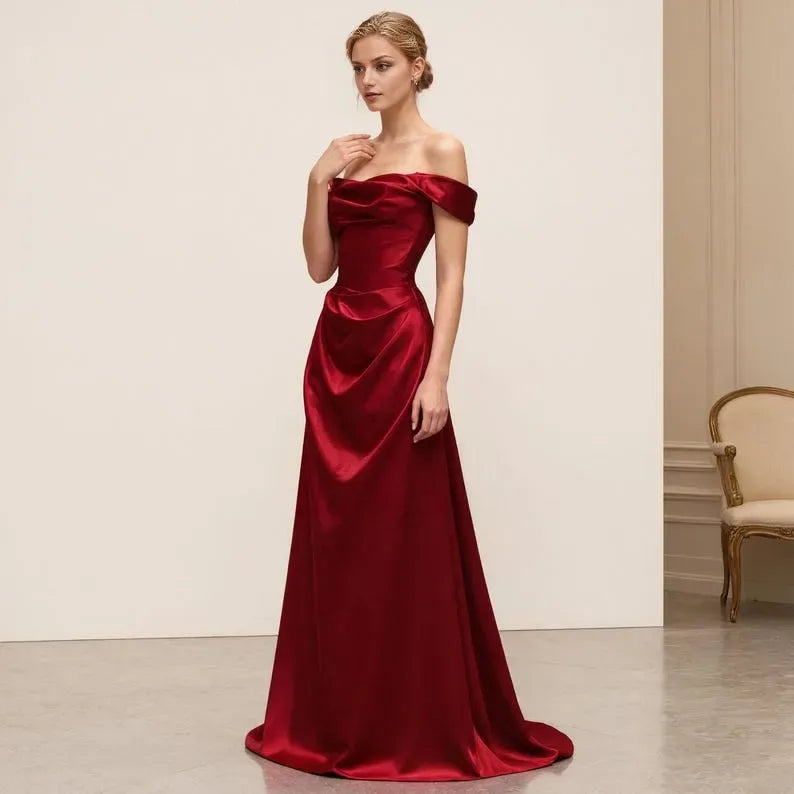 Luxurious Mermaid Red Off-Shoulder Sleeveless Back Zip Draped Satin Floor-Length Prom Dress