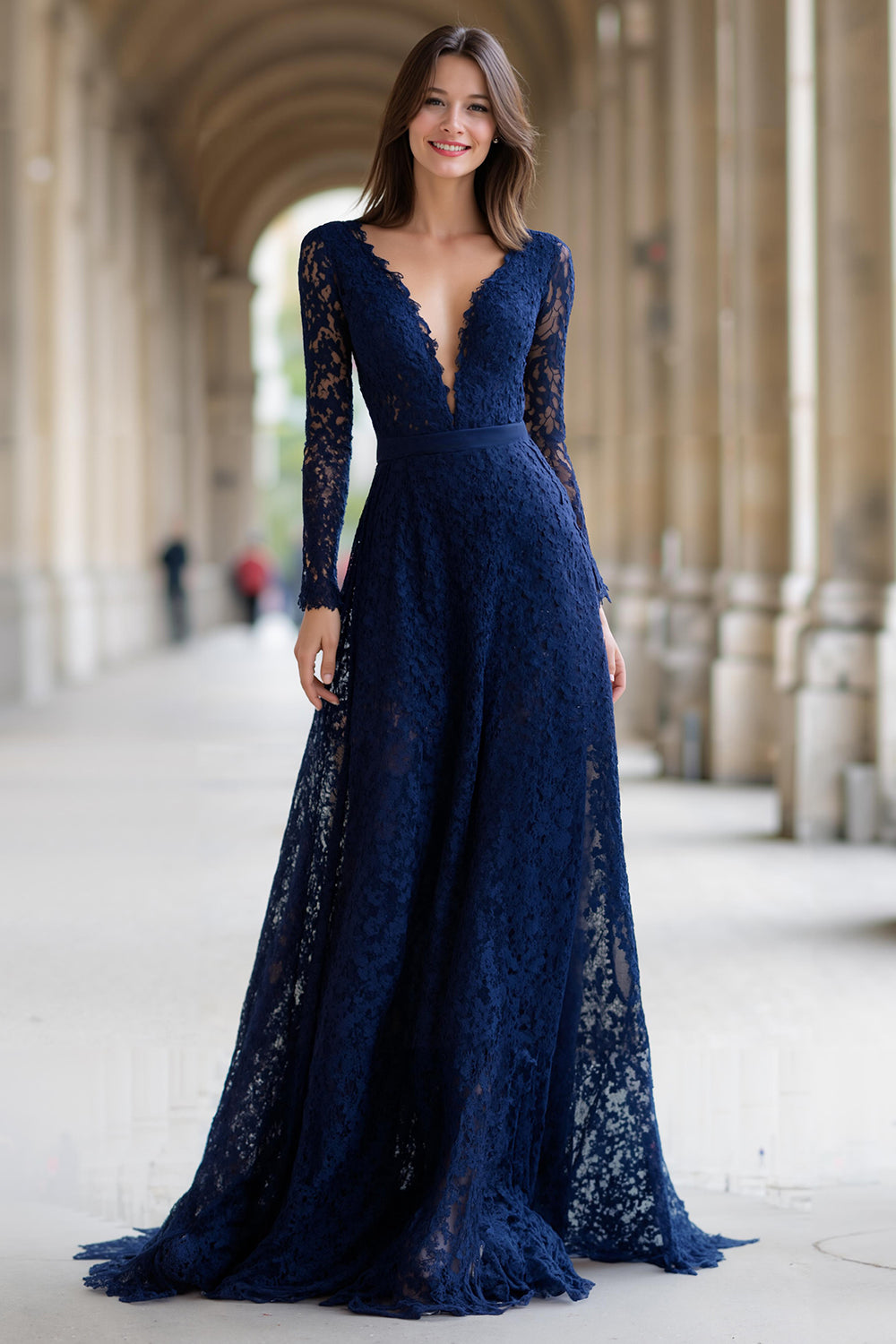 Luxurious Navy A-Line Deep V-Neck Lace-Long-Sleeve Open-Back Floor-Length Mother Of The Bride Dresses