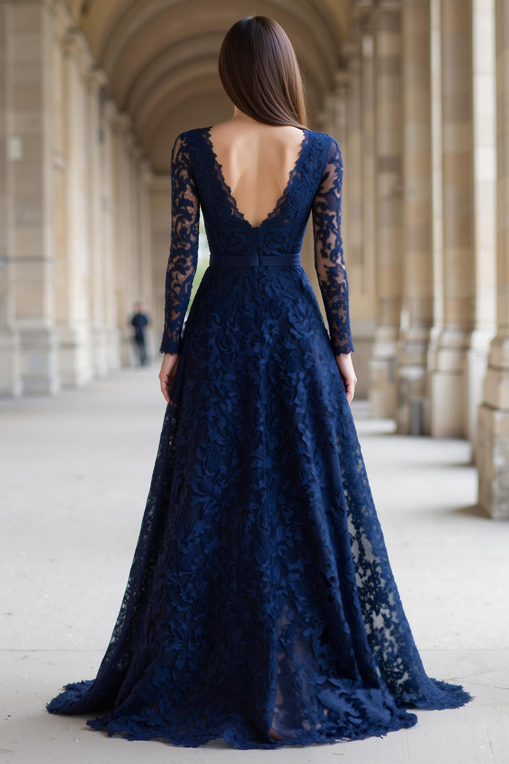 Luxurious Navy A-Line Deep V-Neck Lace-Long-Sleeve Open-Back Floor-Length Mother Of The Bride Dresses
