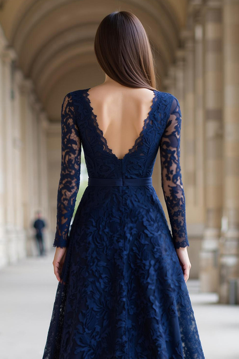 Luxurious Navy A-Line Deep V-Neck Lace-Long-Sleeve Open-Back Floor-Length Mother Of The Bride Dresses