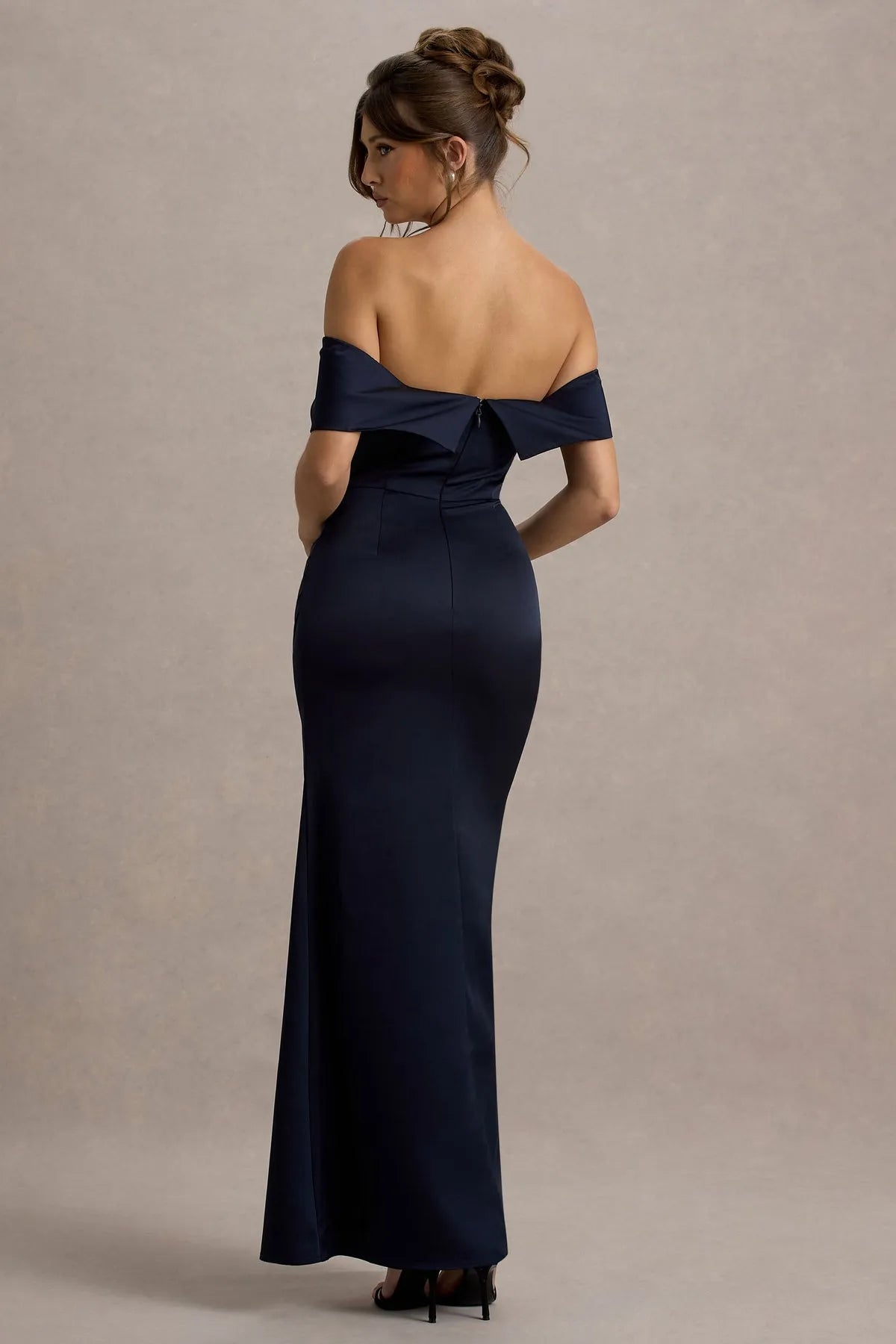 Luxurious Navy Blue Satin Off Shoulder Gown Draped Ruches Side Slit  Mermaid Fit for Proms Black Tie Events