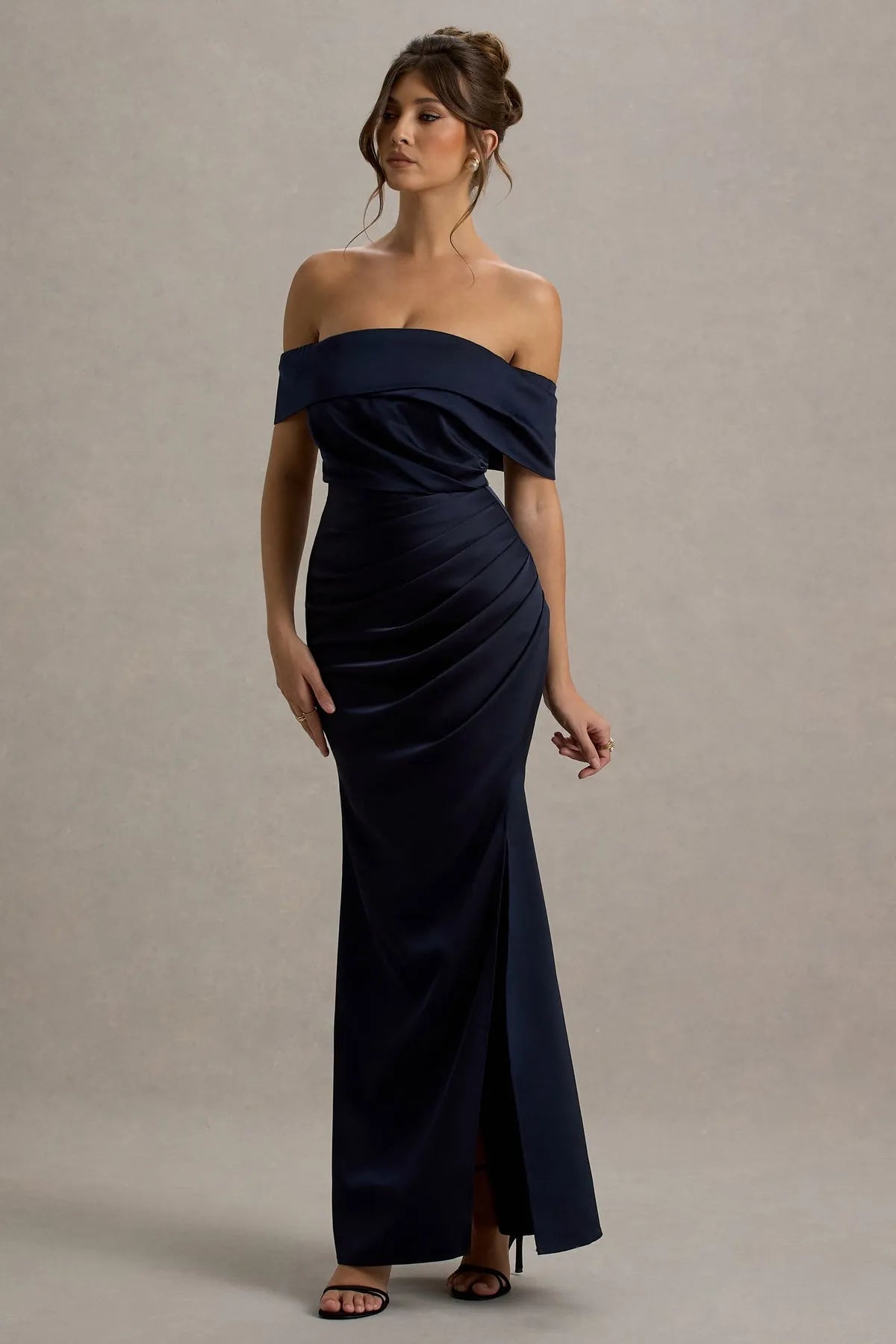 Luxurious Navy Blue Satin Off Shoulder Gown Draped Ruches Side Slit  Mermaid Fit for Proms Black Tie Events