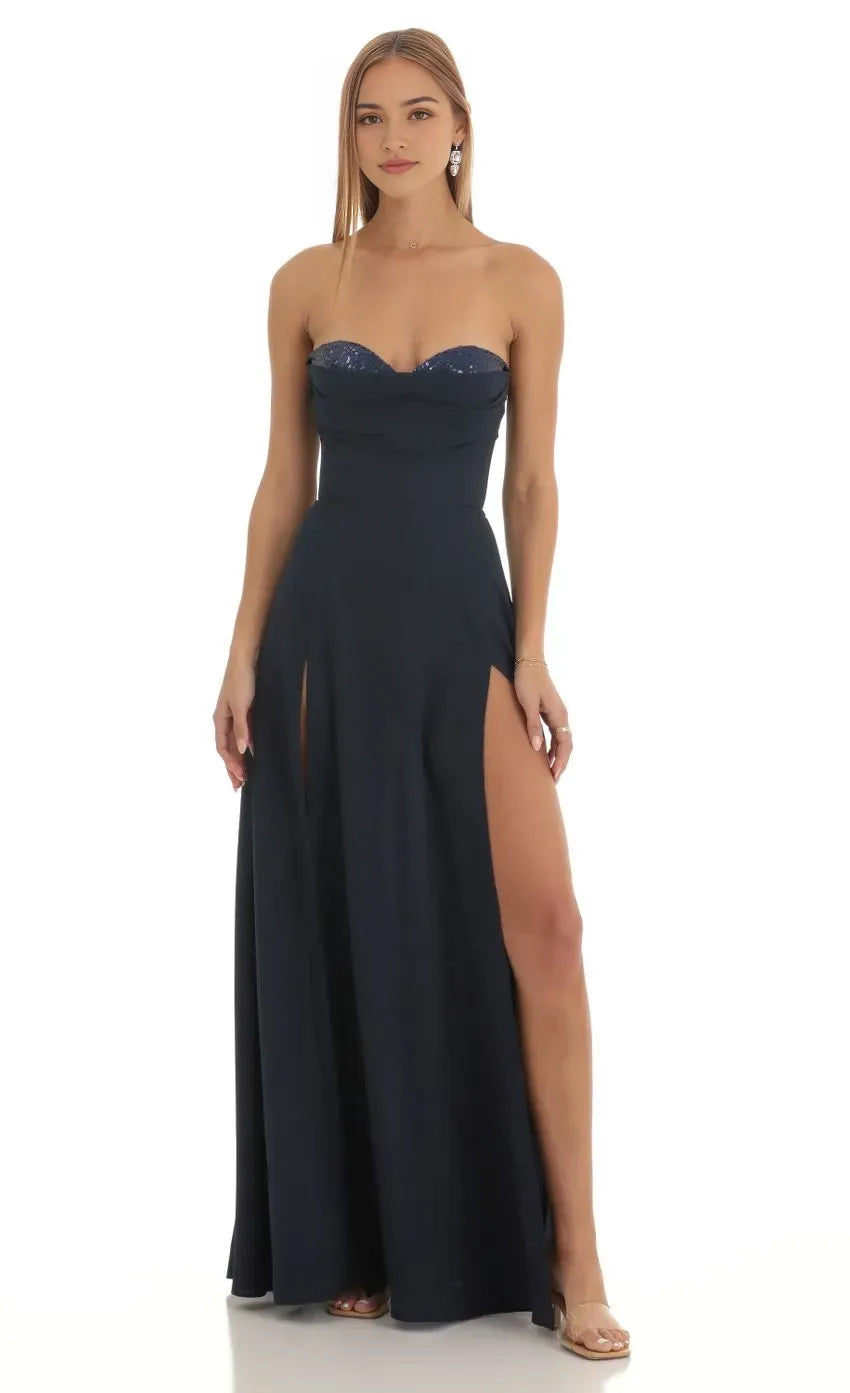 Luxurious Navy Strapless Prom Dress with Shimmering Sequin Top High Thigh Double Slits